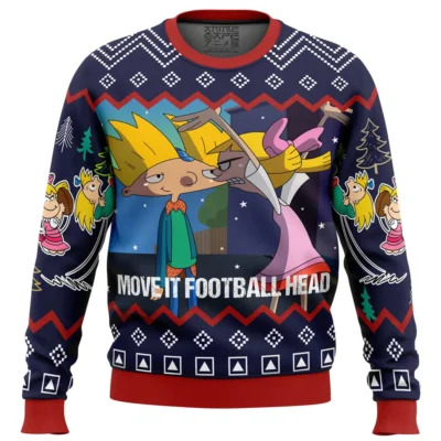 Move It Football Head Hey Arnold Ugly Christmas Sweater FRONT mockup - Hey Arnold Merch